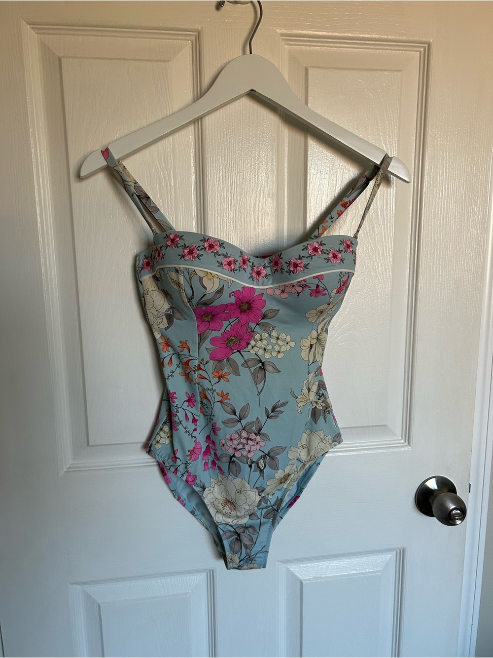 Johnny Was Powder Blue Floral Bandeau One-Piece Swimsuit